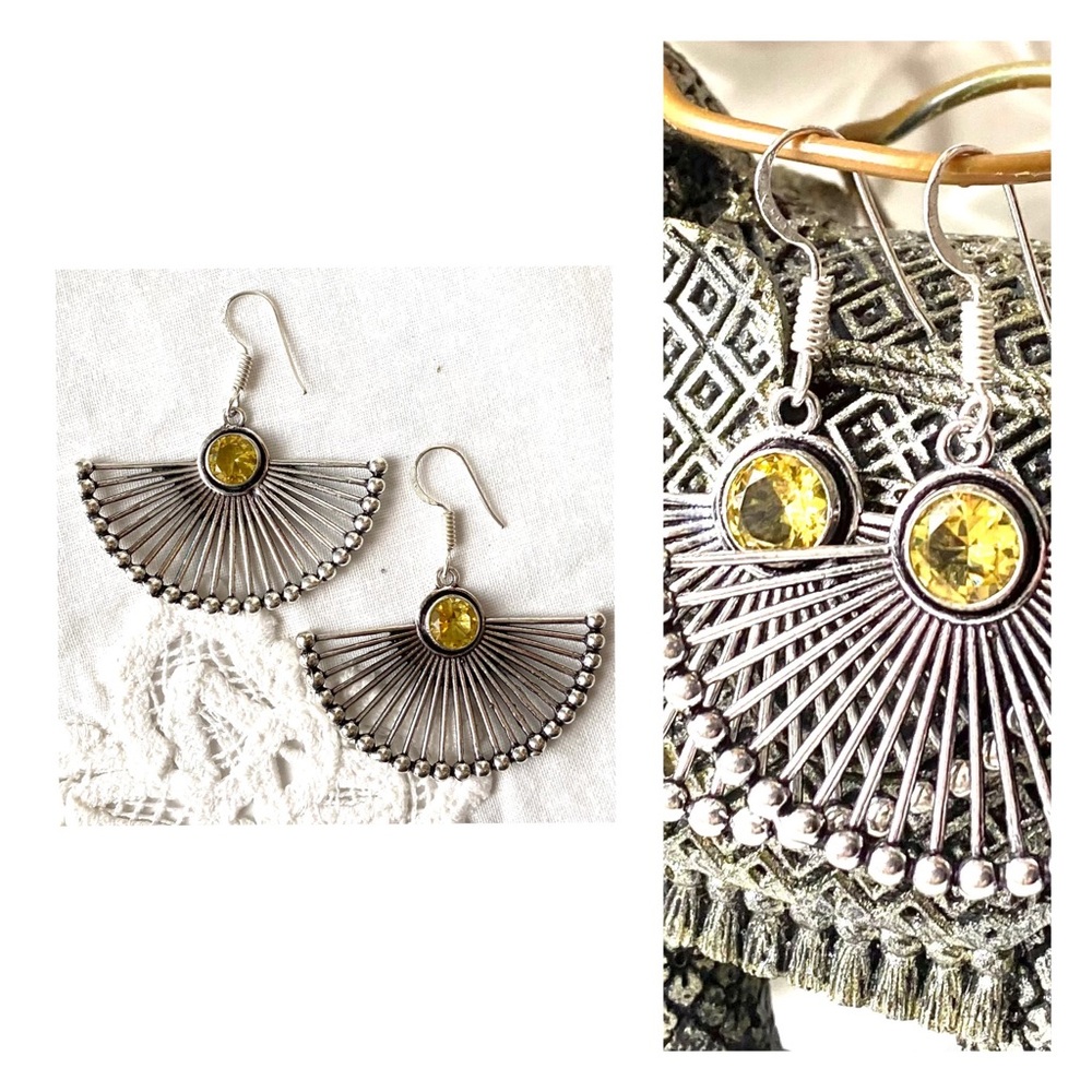 Citrine Fan Earrings Handmade S925 Dangle Style Bohemian Ethnic Exotic Gemstone
